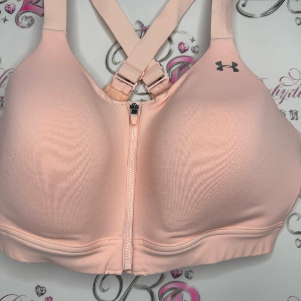 Under armour bra sports peach pink orange pastel logo silver criss cross support - Picture 9 of 9